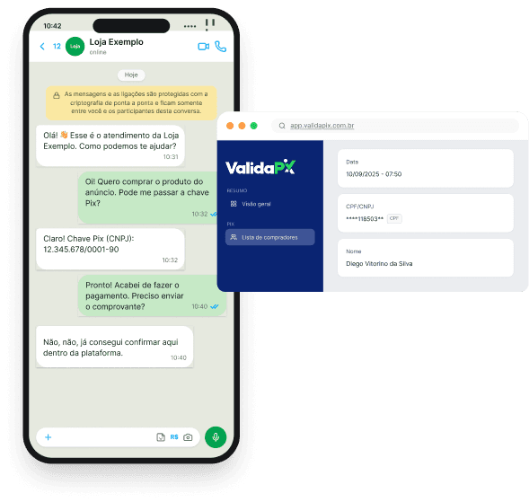 Conversa no WhatsApp ao lado do painel da ValidaPix confirmando o Pix recebido